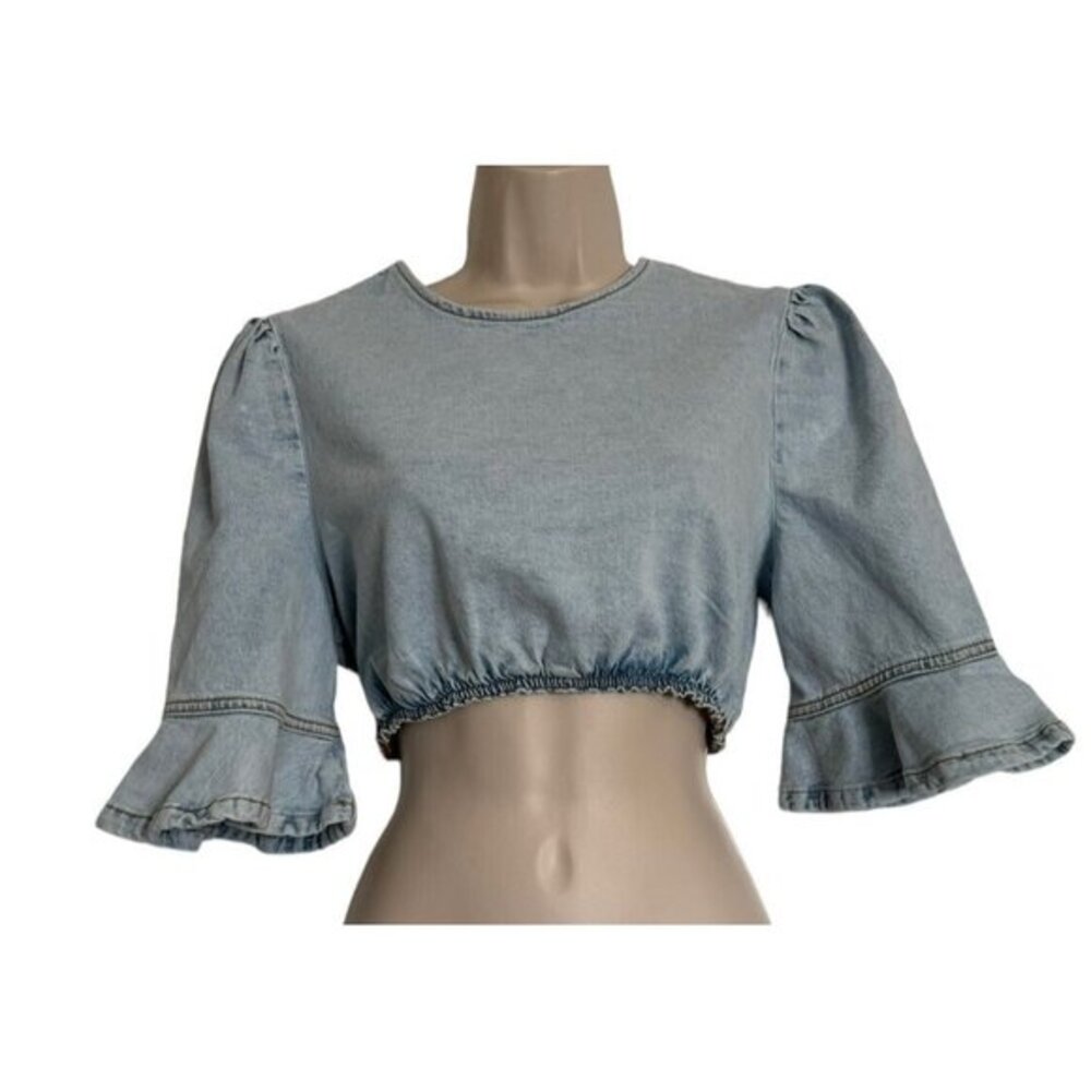 WeWoreWhat Women's Sz Medium Indigo Comfort Cropped Denim Top $49